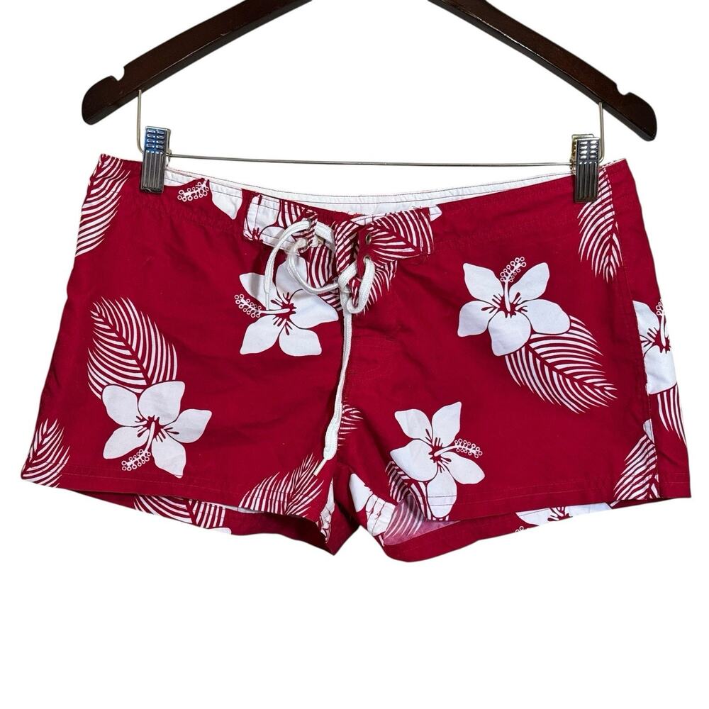 BANANA SPLIT USA Women’s Hawaiian Red Floral Print Drawstring Shorts Size Medium